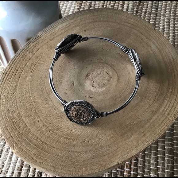 NEW Western Boho Wire Wrapped Bracelet 3-Faux Coin Rustic Mixed Metal Brutalist - Picture 2 of 12